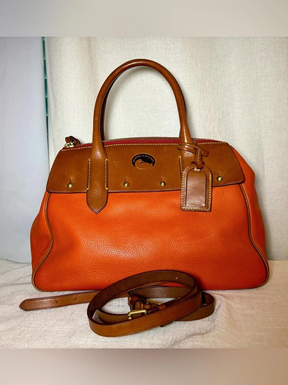 Dooney & Bourke Wilson Satchel Tangerine Orange Pebbled Leather Brown Trim Bag